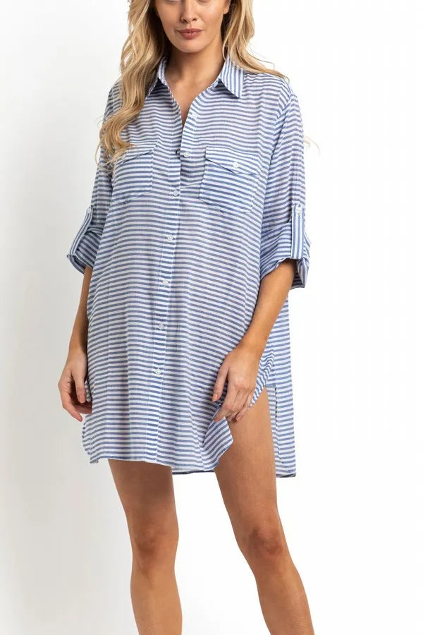 SUNSEEKER Summer Stripe Button Through Shirt - Blue