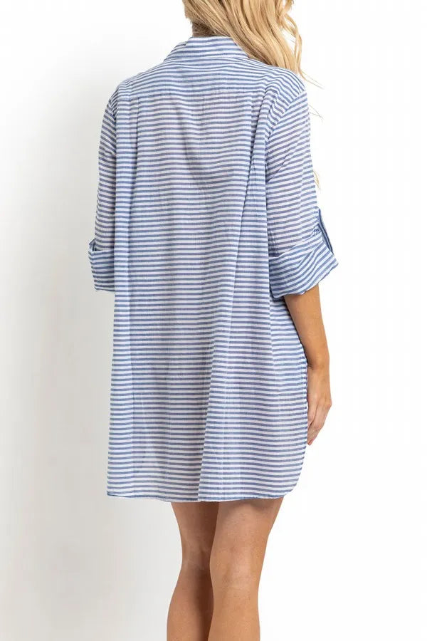SUNSEEKER Summer Stripe Button Through Shirt - Blue