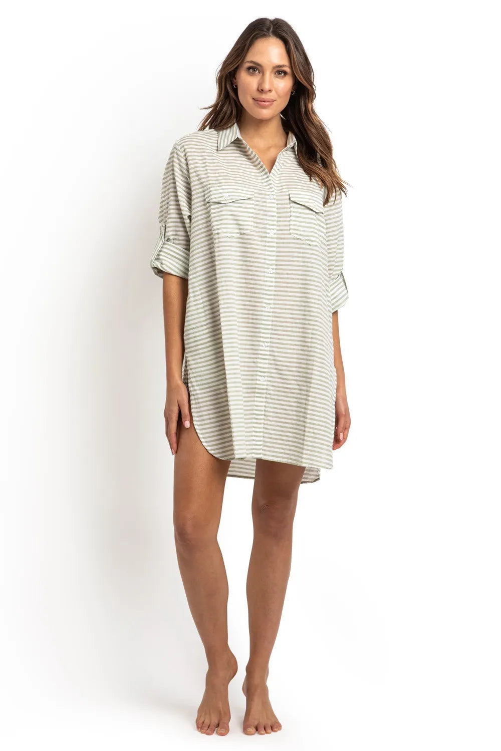 SUNSEEKER Summer Stripe Button Through Shirt - Khaki