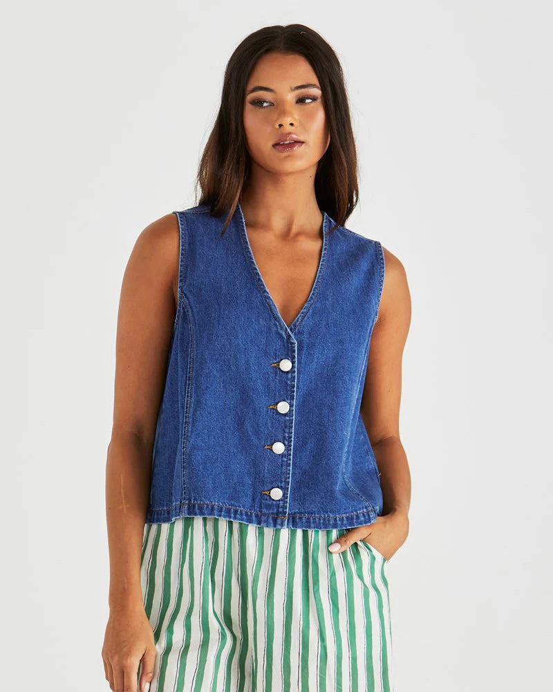 SASS Sabine Denim Vest - Mid Blue Wash