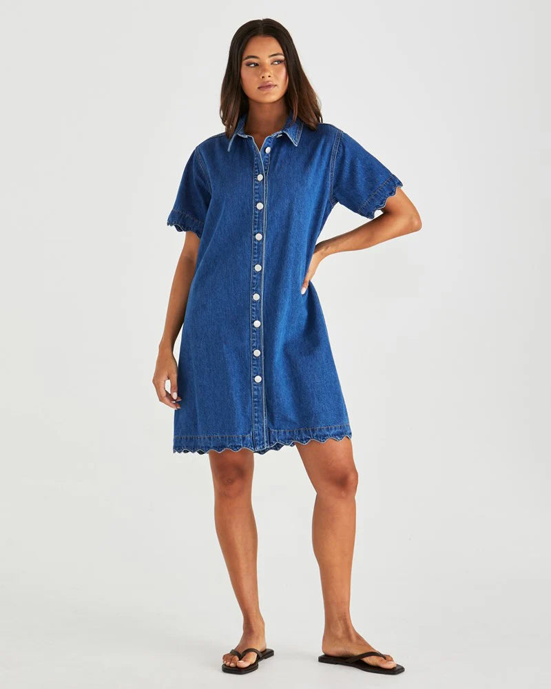 SASS Vale Scalloped Denim Dress - Mid Blue Wash