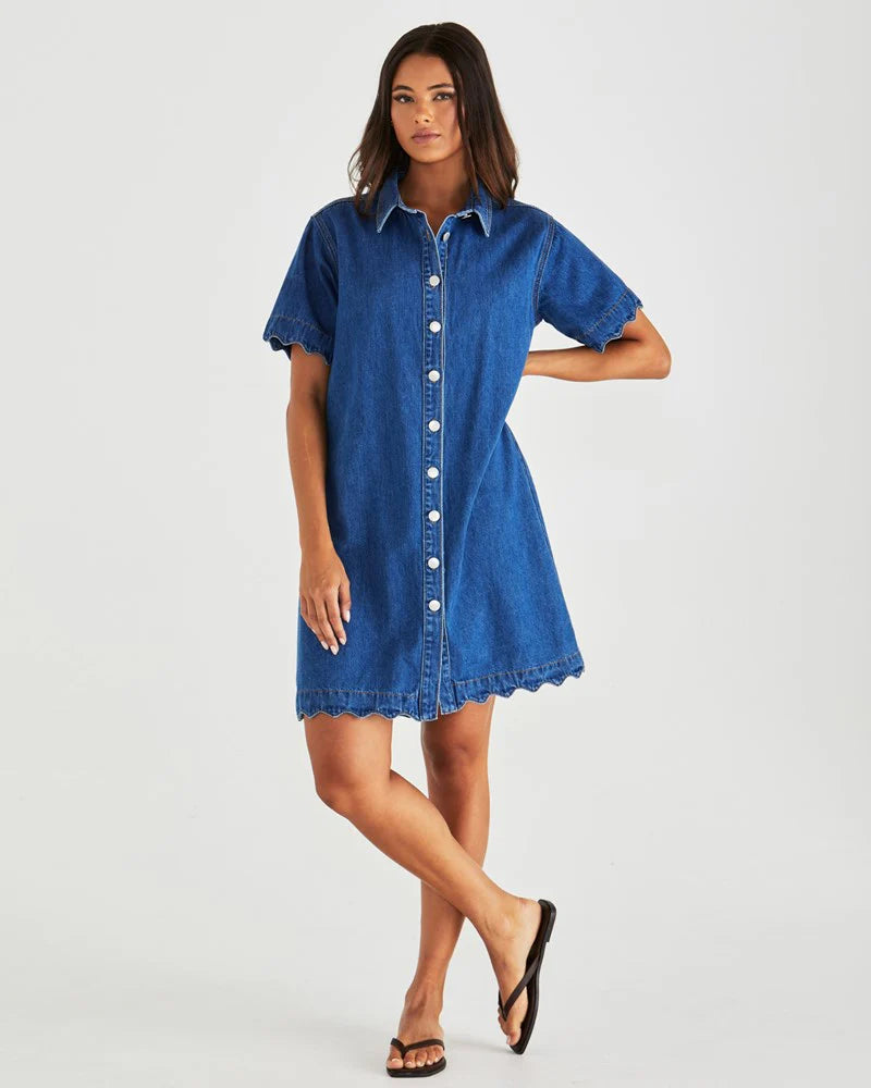 SASS Vale Scalloped Denim Dress - Mid Blue Wash
