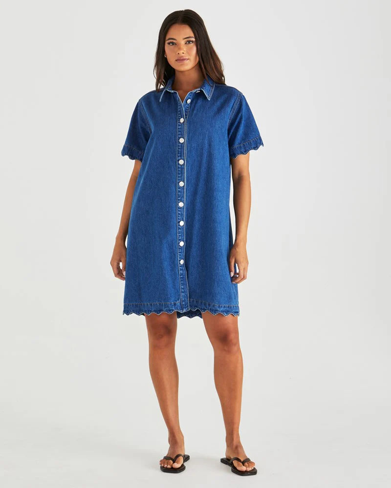 SASS Vale Scalloped Denim Dress - Mid Blue Wash