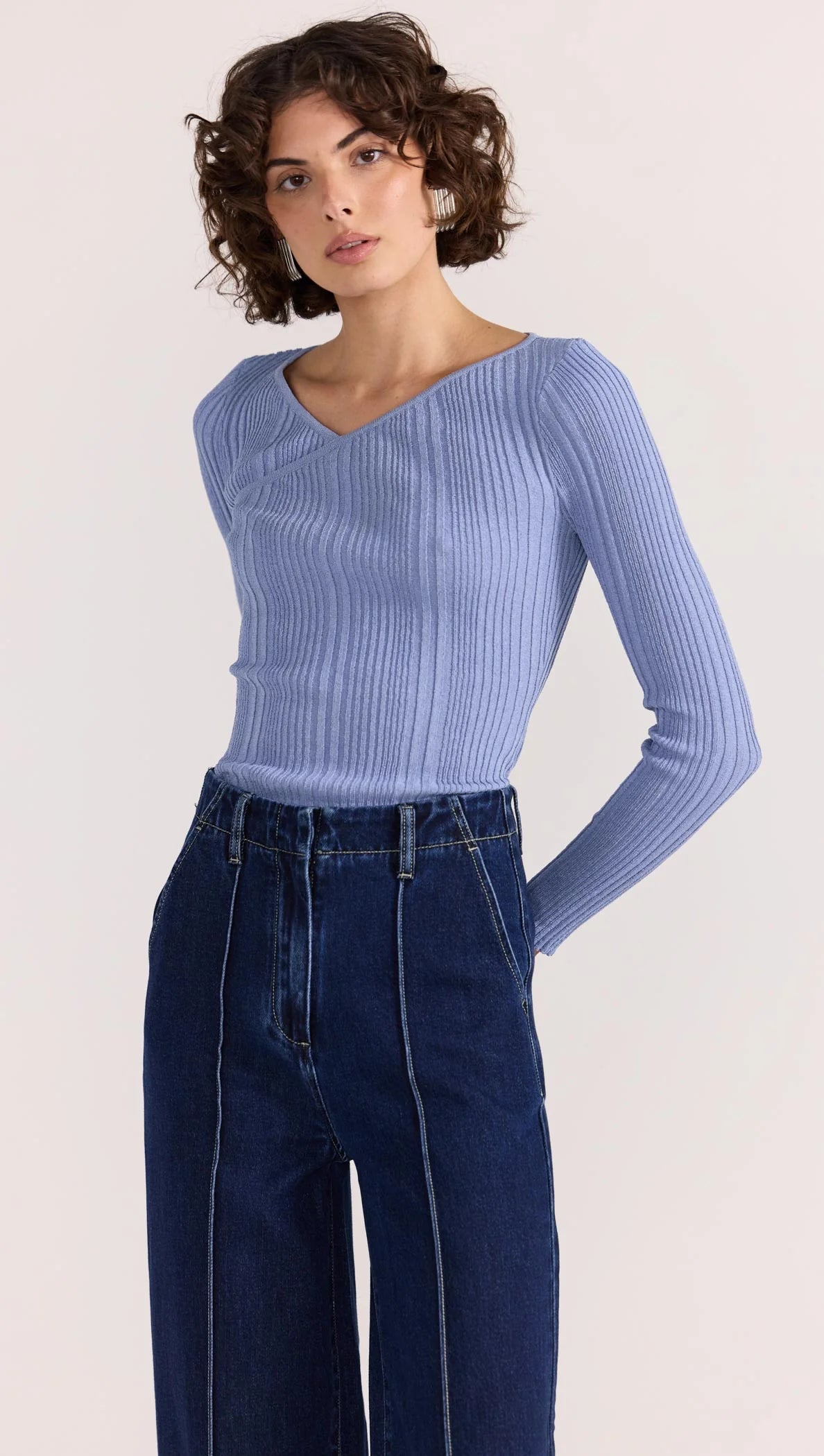 STAPLE THE LABEL Amira Ribbed Knit Top - Dusty Blue