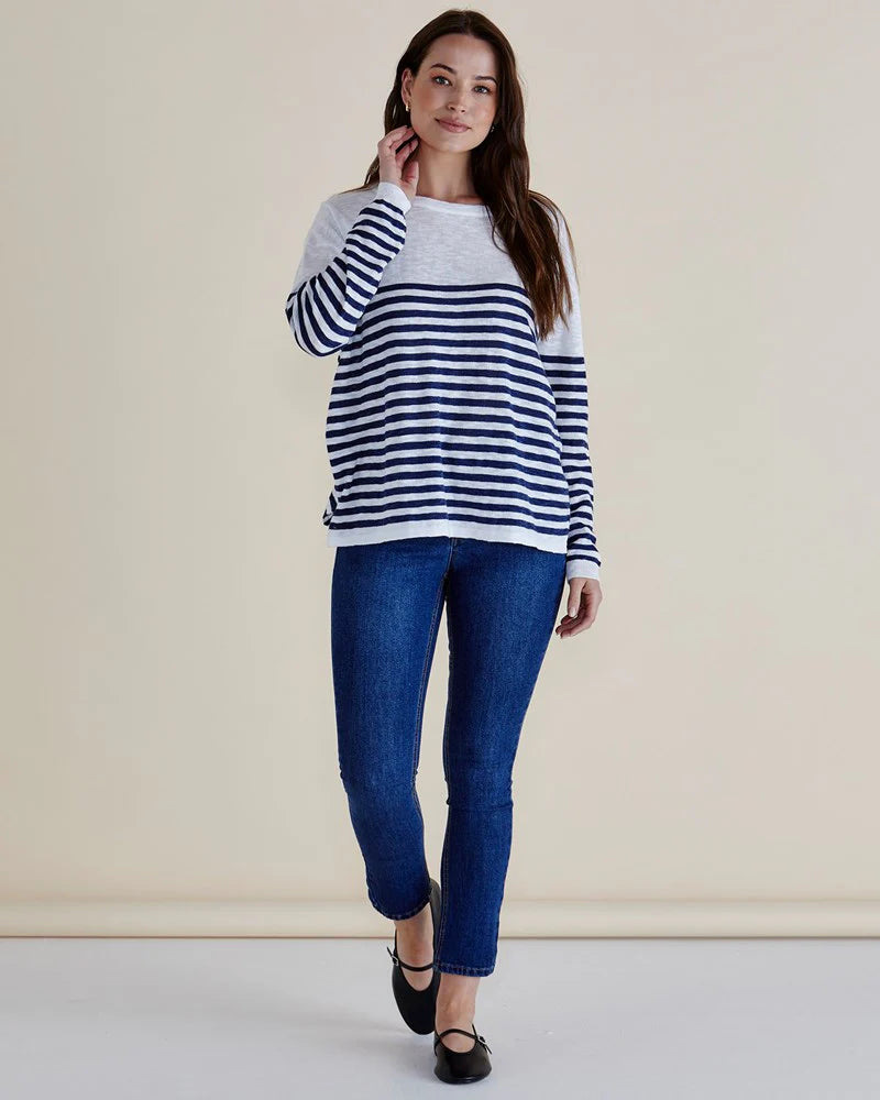 BETTY BASICS Natasha Knit Top - White Navy Stripe