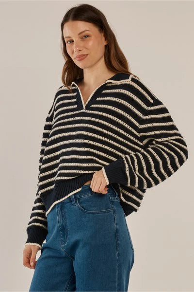 BETTY BASICS Aberdeen Polo Knit Sweater - Navy Stripe
