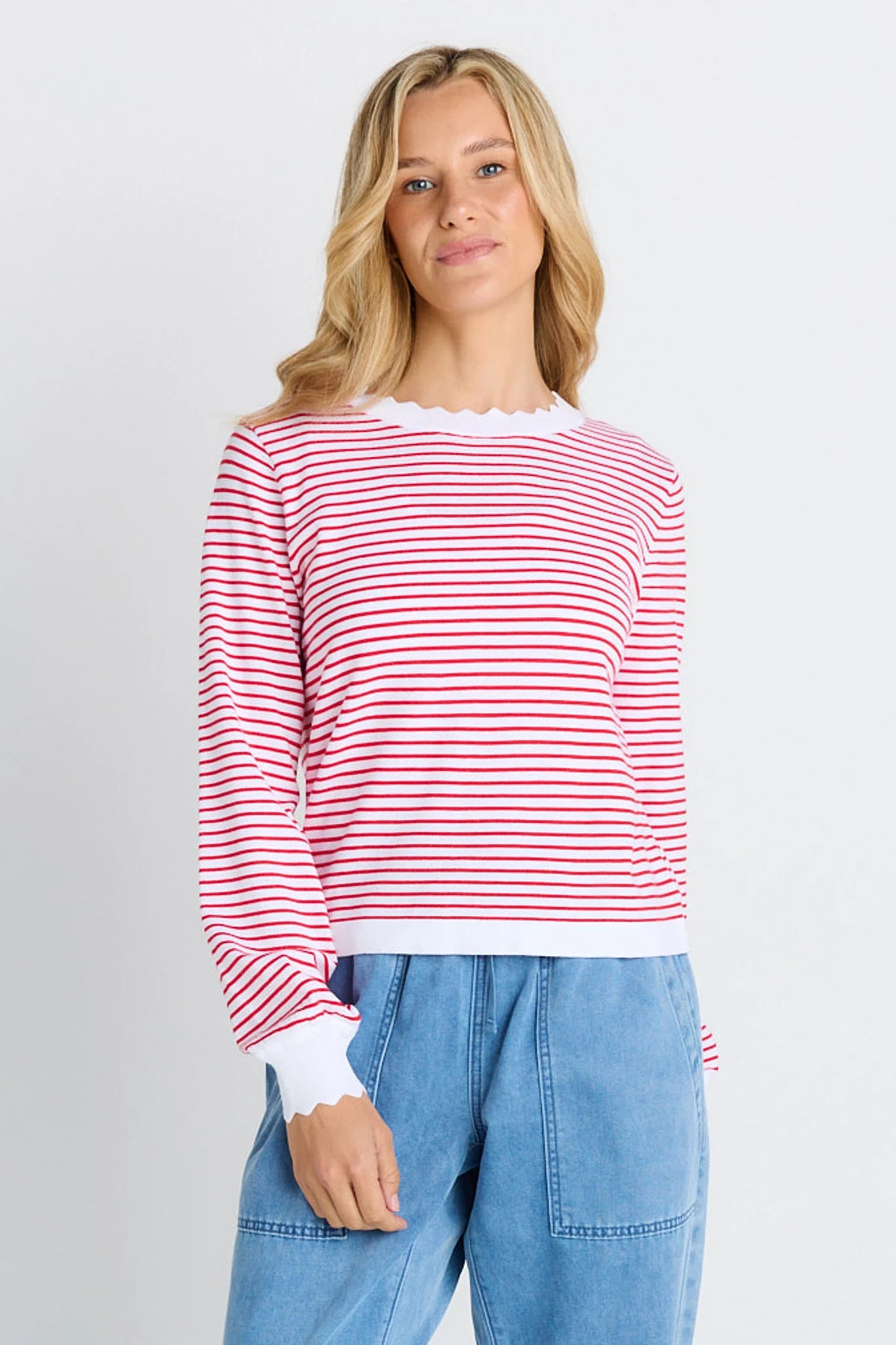 BETTY BASICS Scallop Knit Sweater - Red Stripe