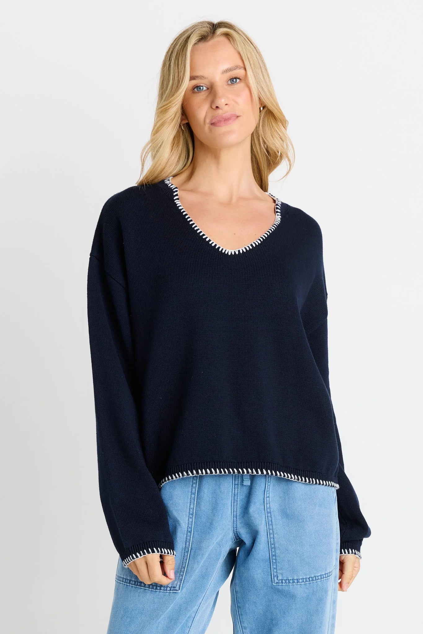 BETTY BASICS Ascot Stitch Sweater - Navy