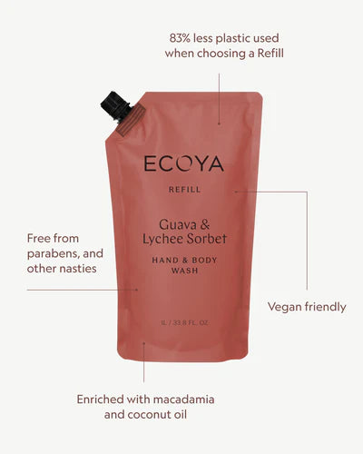 ECOYA Guava & Lychee Hand & Body Wash Refill 1Ltr