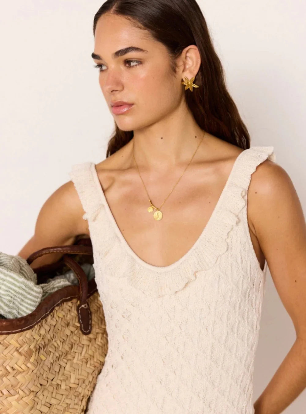 MINKPINK Sabine Pointelle Midi Dress - Ivory