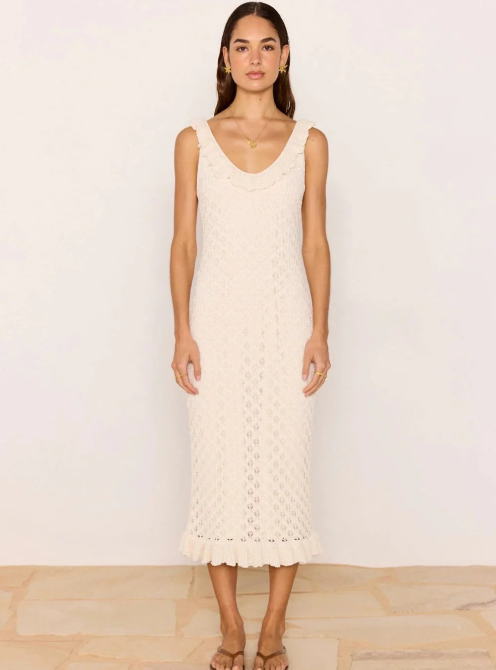 MINKPINK Sabine Pointelle Midi Dress - Ivory