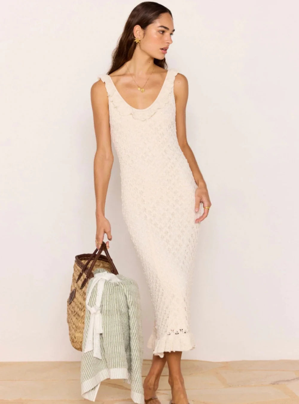 MINKPINK Sabine Pointelle Midi Dress - Ivory