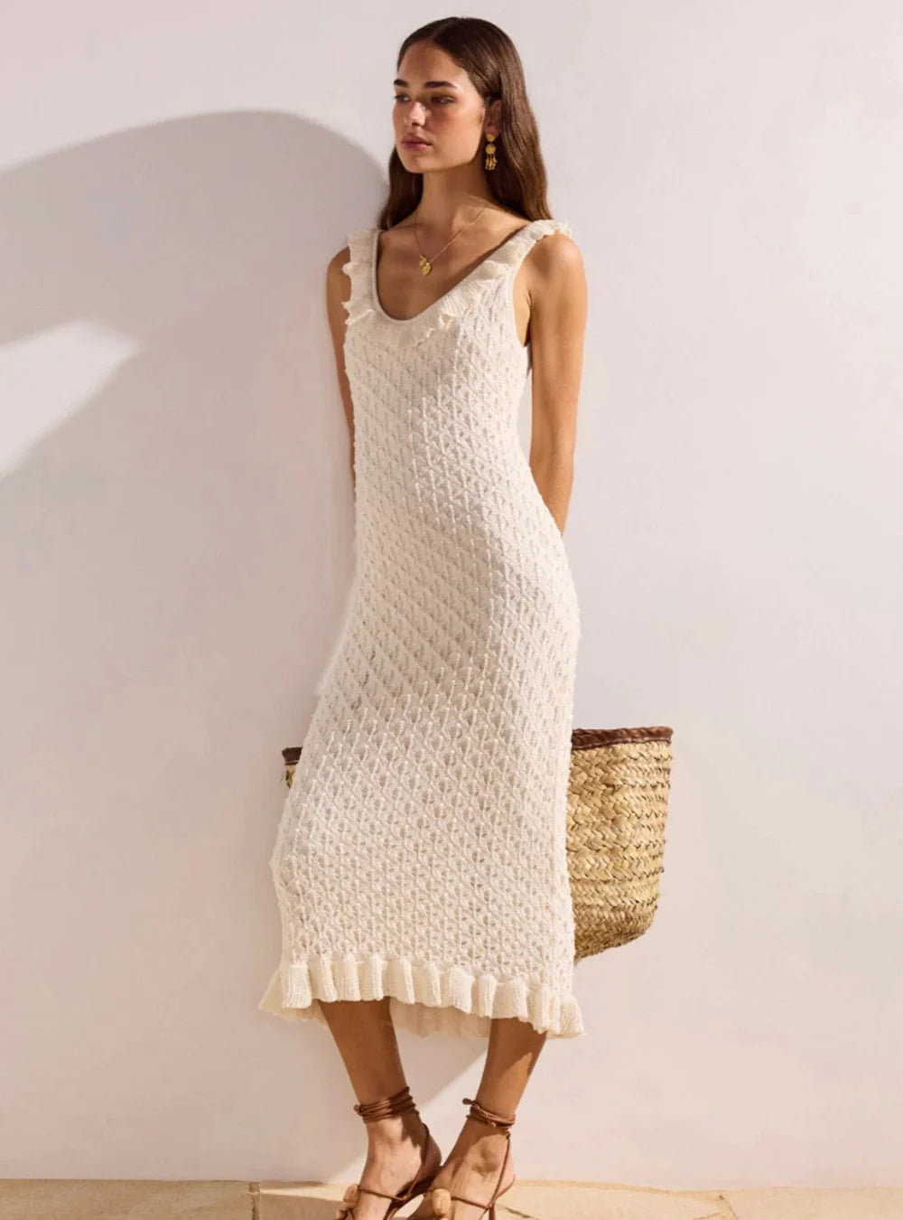 MINKPINK Sabine Pointelle Midi Dress - Ivory