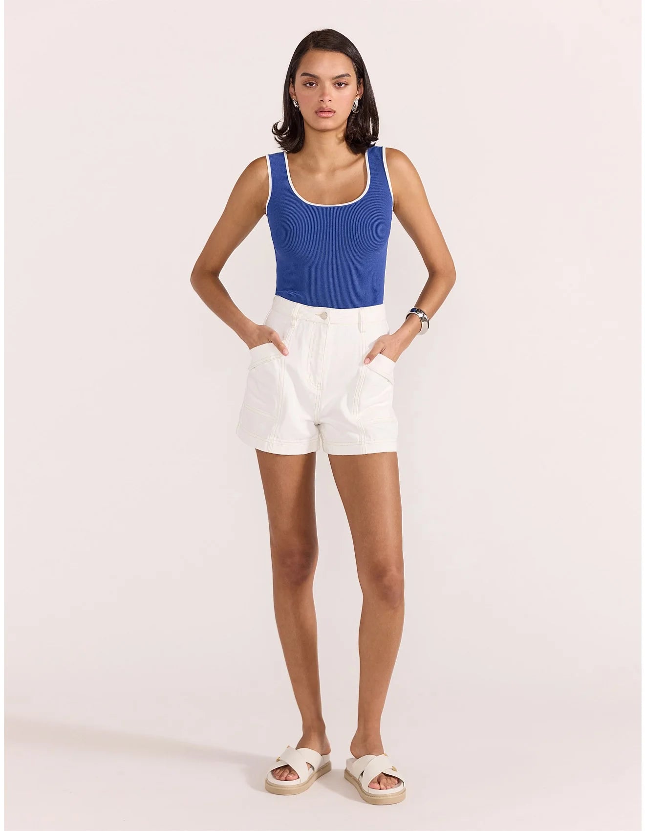 STAPLE THE LABEL Thea Contrast Knit Tank - Blue/White