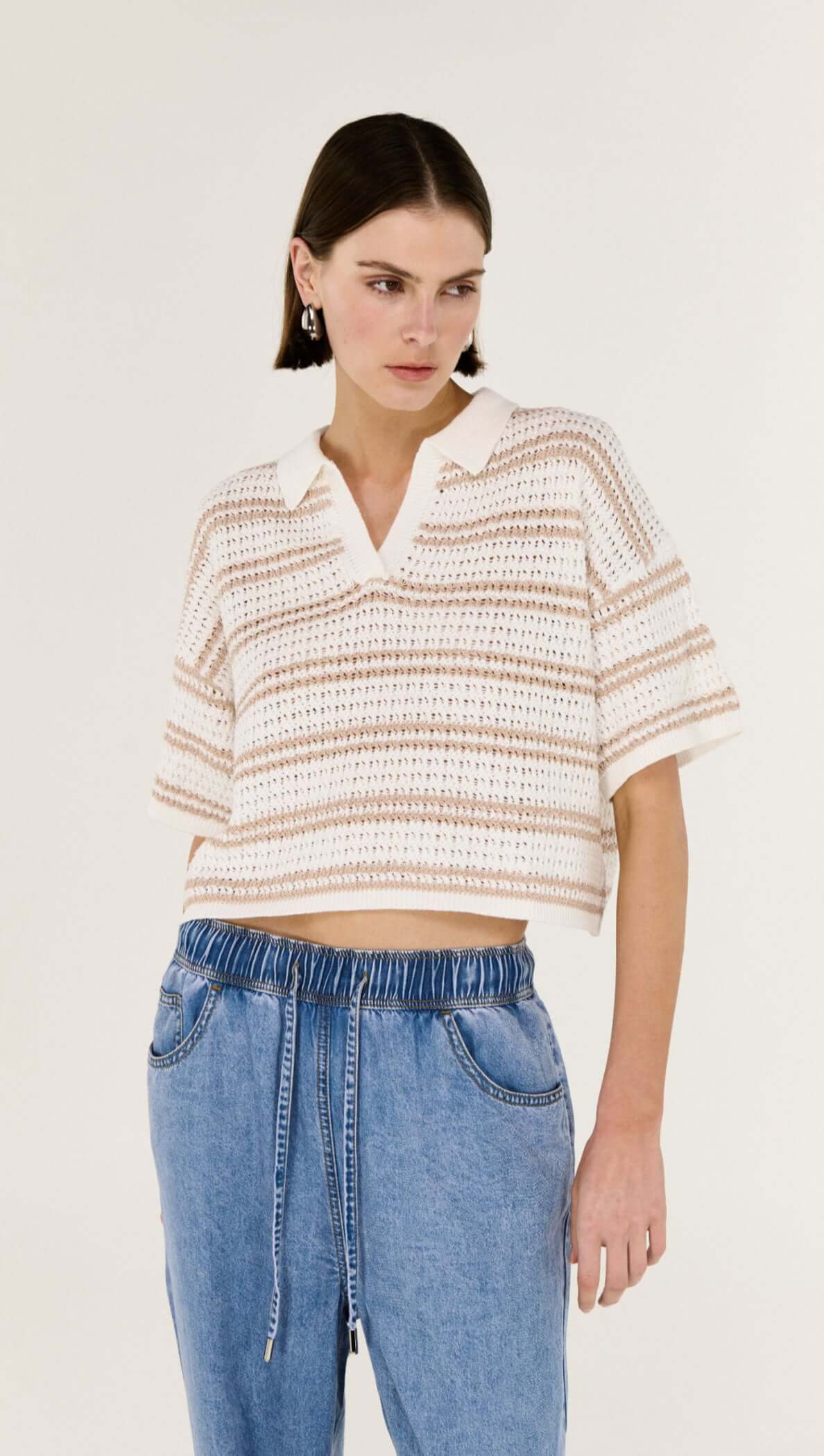 STAPLE THE LABEL Eamon Knit Polo Tee - White/Beige Stripe