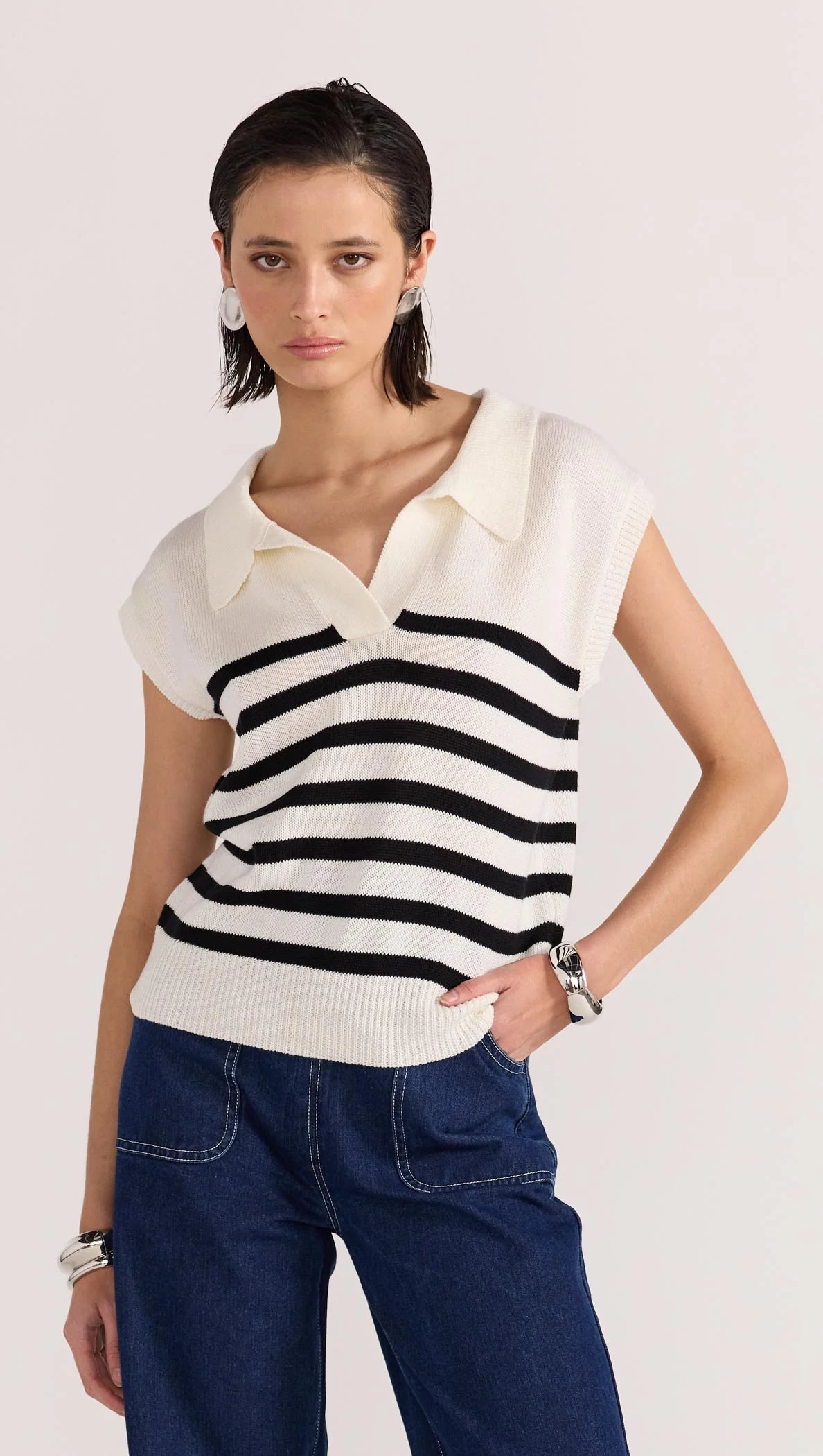 STAPLE THE LABEL Remi Stripe Polo Knit - Cream / Black