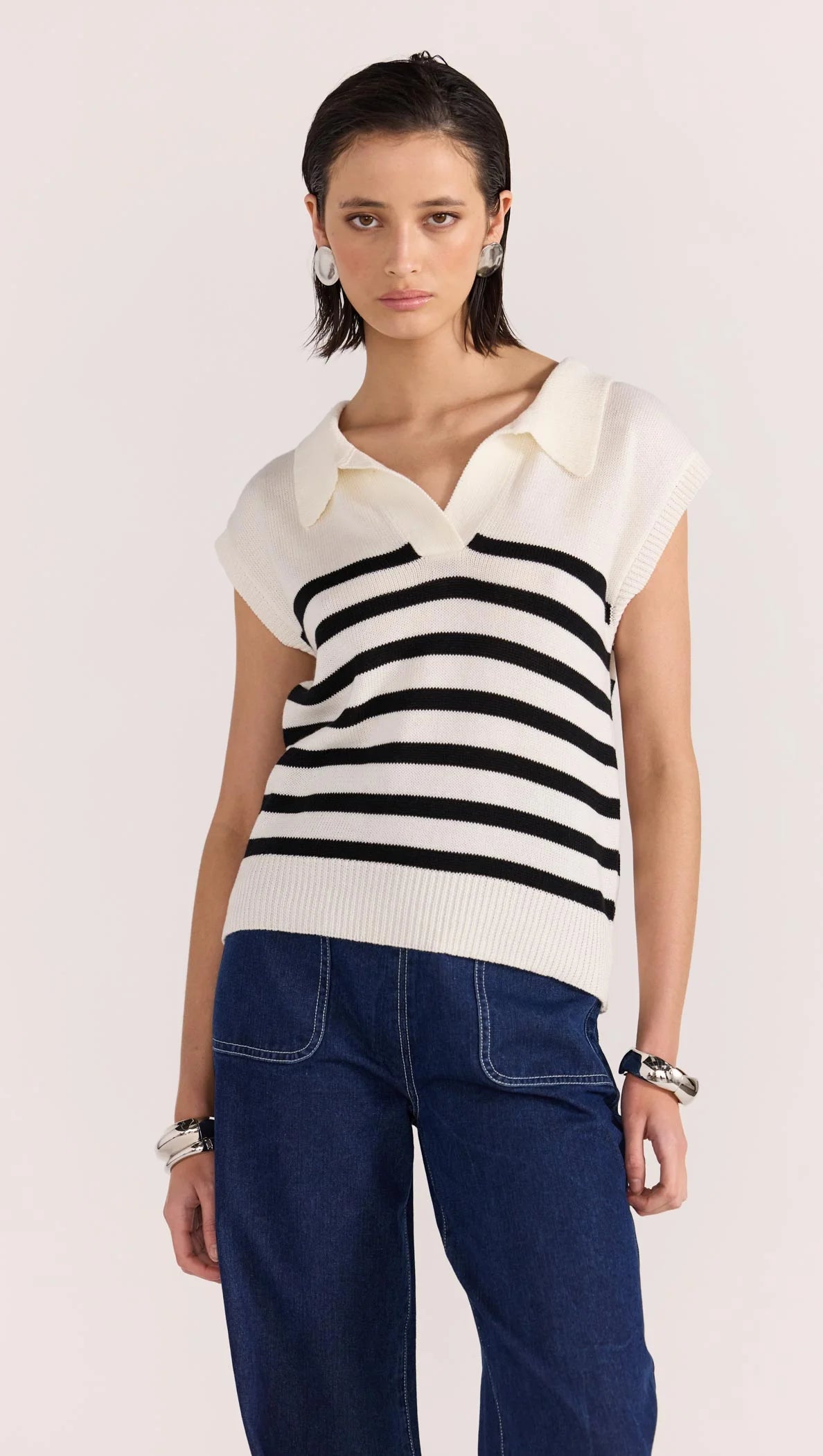 STAPLE THE LABEL Remi Stripe Polo Knit - Cream / Black