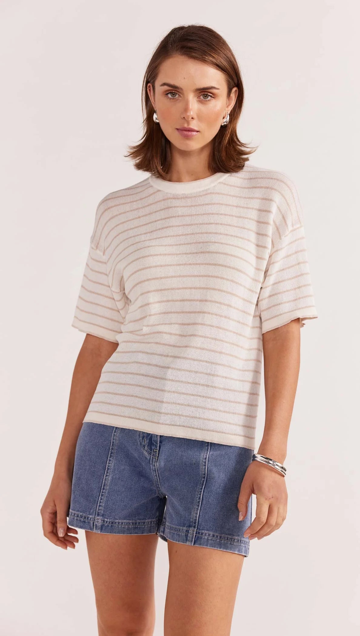 STAPLE THE LABEL BEIGE STRIPE KNIT TEE