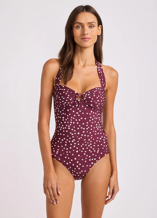 SEAFOLLY Dolce Dot Halter Neck Bandeau One Piece Swimsuit - Dark Burgundy