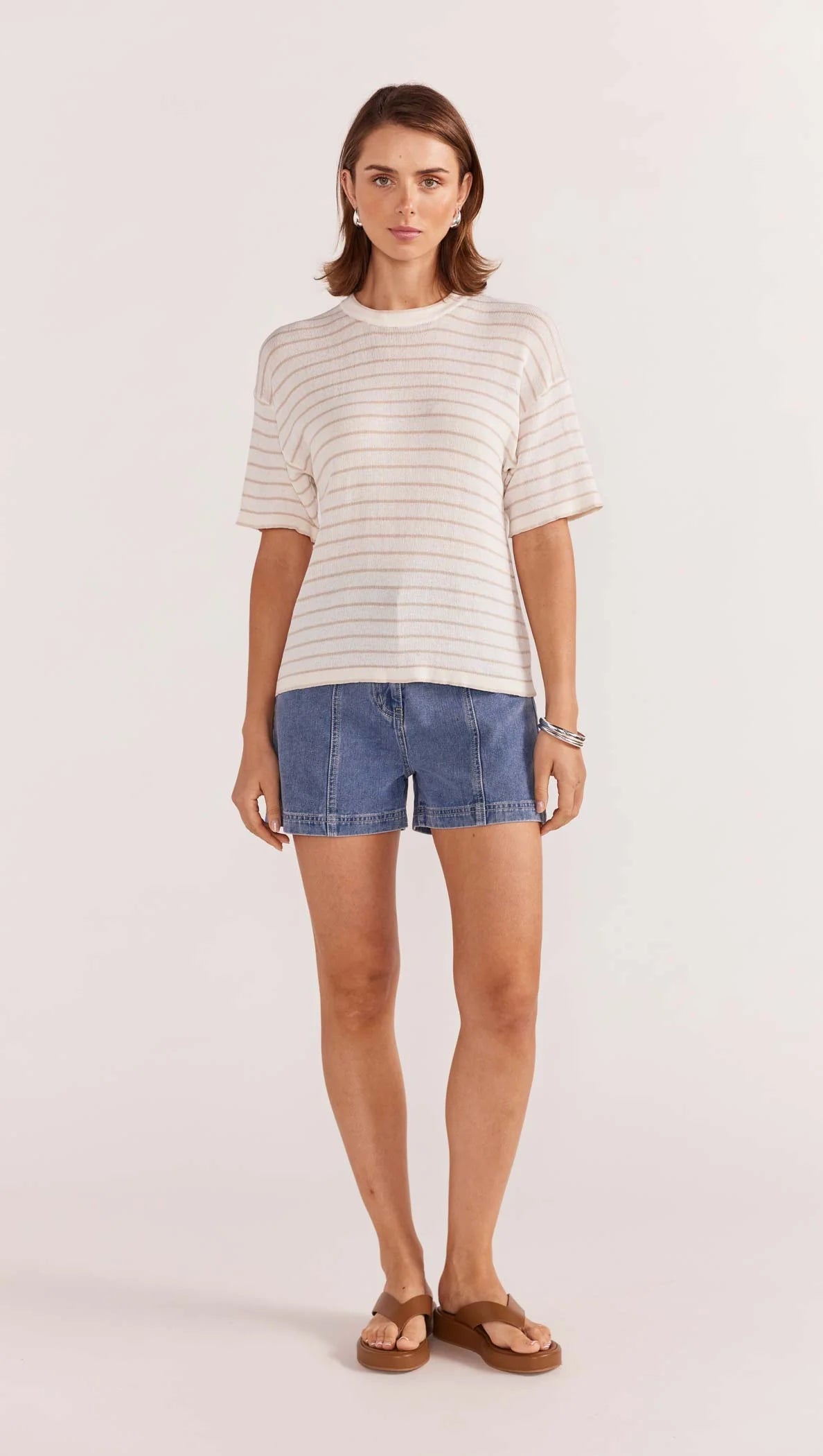 STAPLE THE LABEL BEIGE STRIPE KNIT TEE