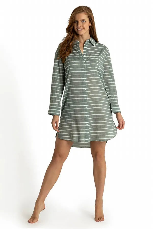 SUNSEEKER Santorini Button Through Painter Dress - Stripe Sage