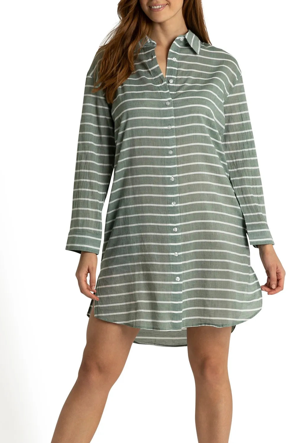 SUNSEEKER Santorini Button Through Painter Dress - Stripe Sage