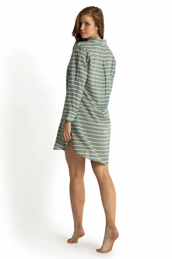 SUNSEEKER Santorini Button Through Painter Dress - Stripe Sage