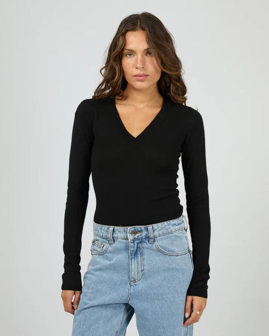 Silent theory Ashton Knit Vee L/S Top - Black