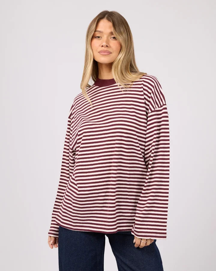 ALL ABOUT EVE Paloma Long Sleeve Stripe Tee - Ruby