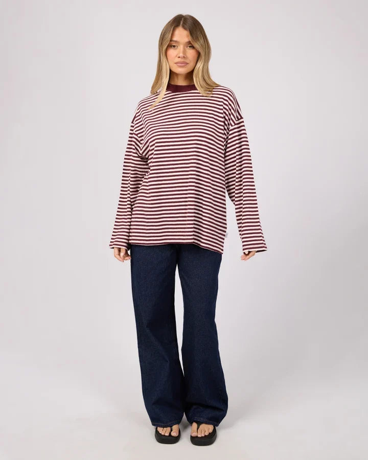 ALL ABOUT EVE Paloma Long Sleeve Stripe Tee - Ruby