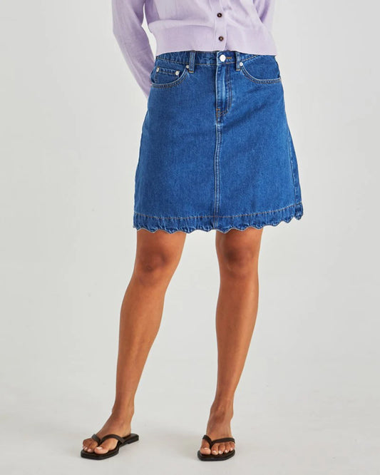 SASS Vale Scalloped Denim Skirt - Mid Blue Wash