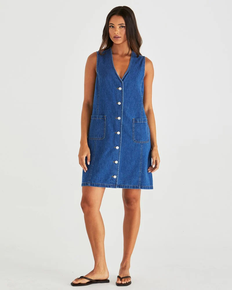 SASS Sabine Denim Vest Dress - Mid Wash Blue