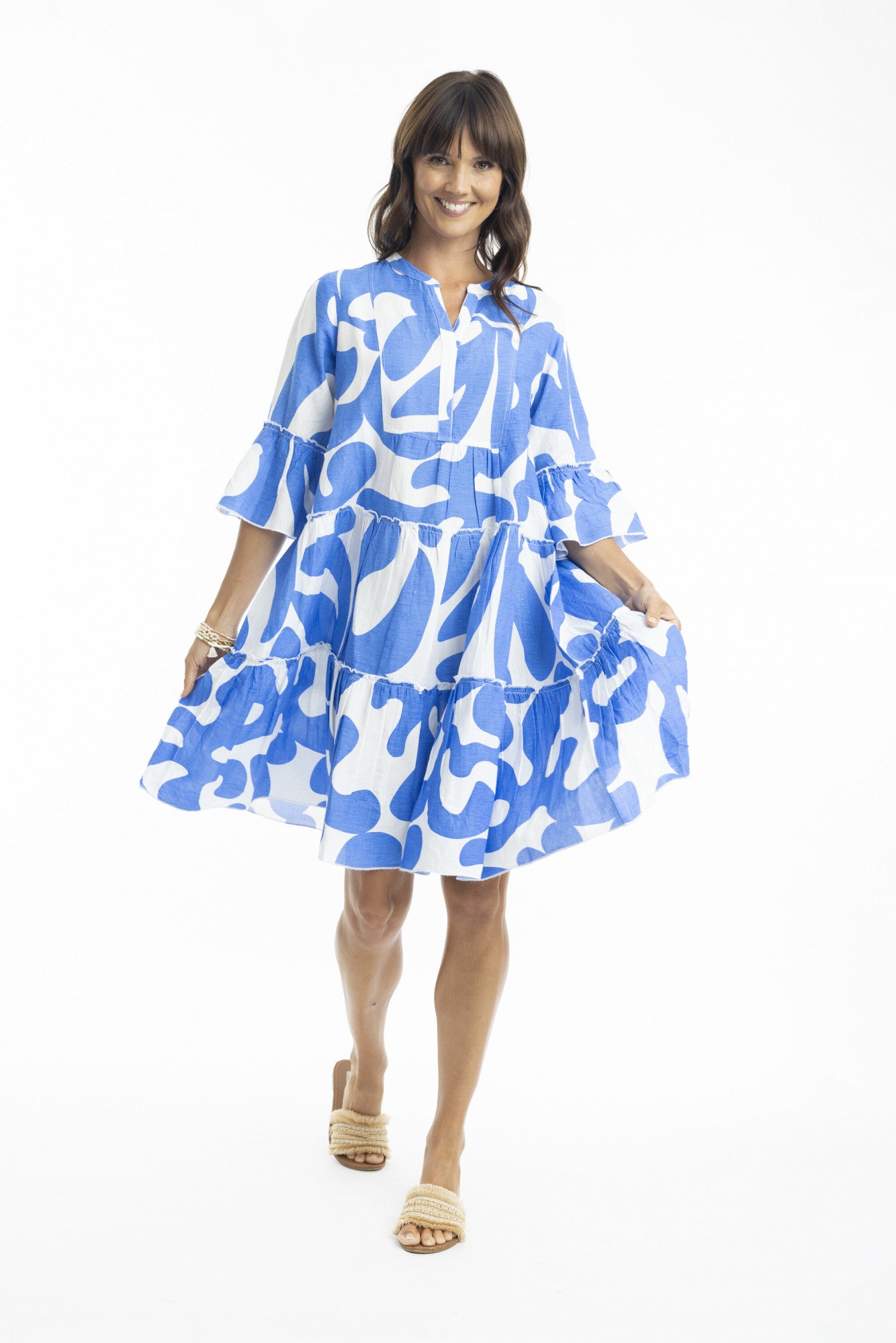 ORIENTIQUE Print Linen Layers Dress - Blue