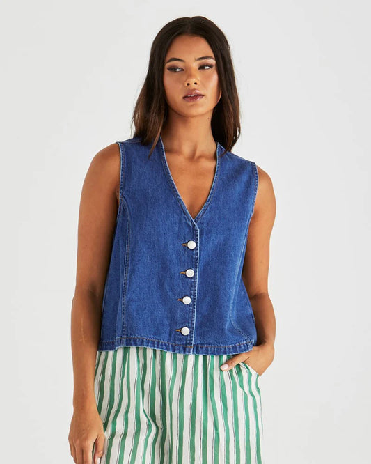SASS Sabine Denim Vest - Mid Blue Wash