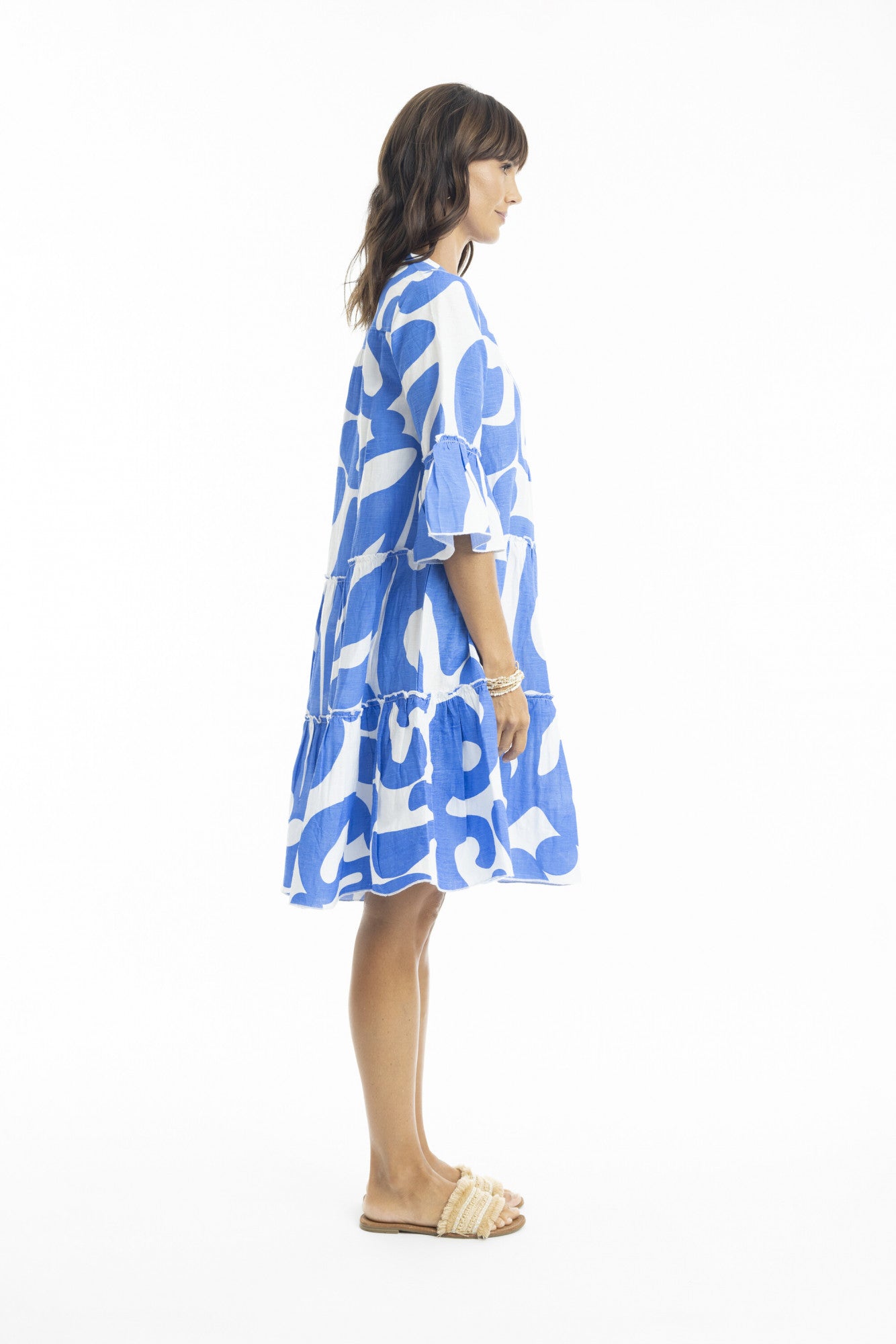 ORIENTIQUE Print Linen Layers Dress - Blue