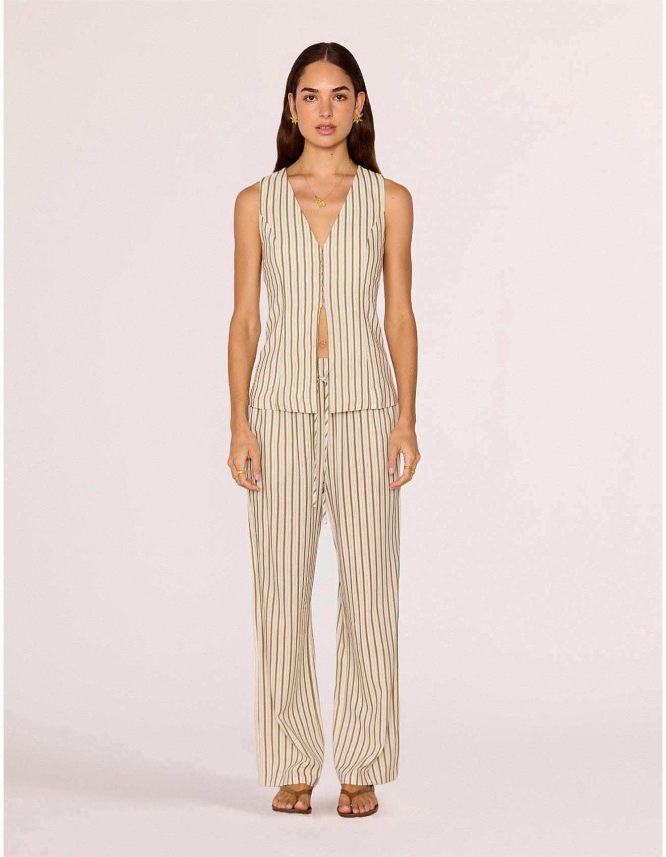 MINKPINK Edith Relaxed Pant - White/Olive Stripe