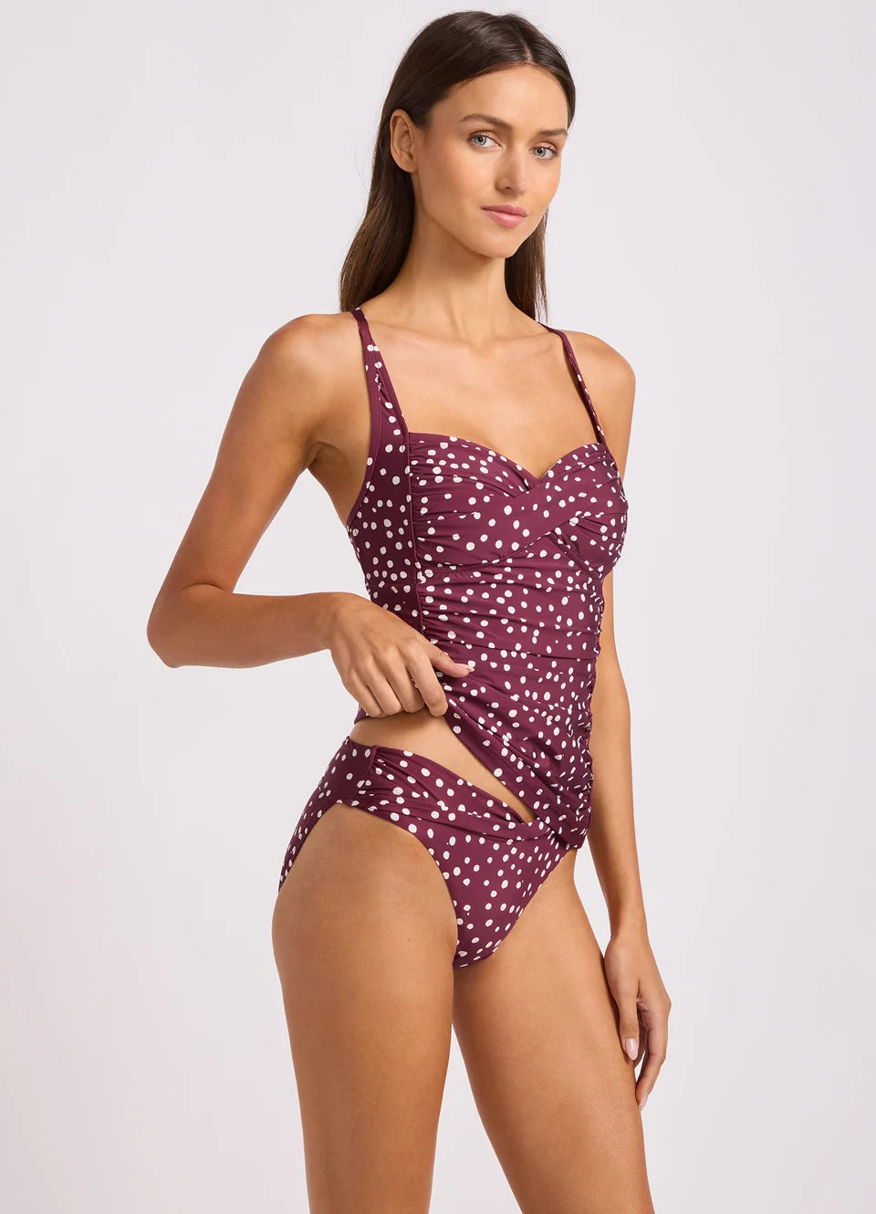 SEAFOLLY Dolce Dot Twist Halter Tankini Bikini Top - Dark Burgundy