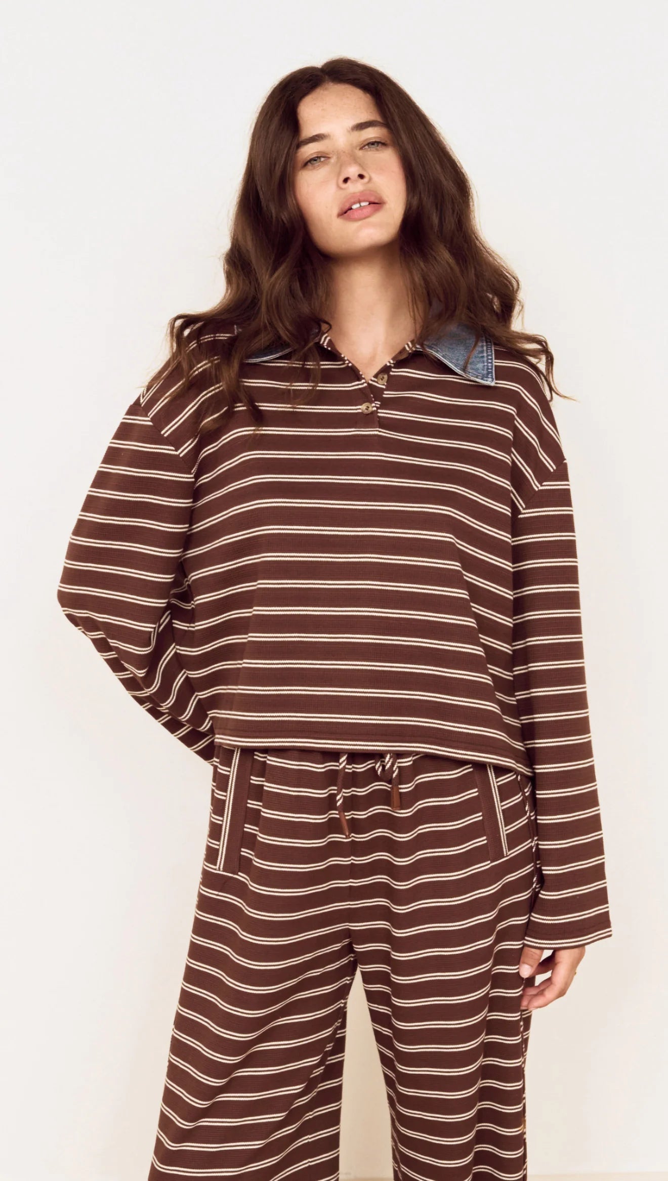 MINKPINK Vesper Polo Top - Chocolate Stripe