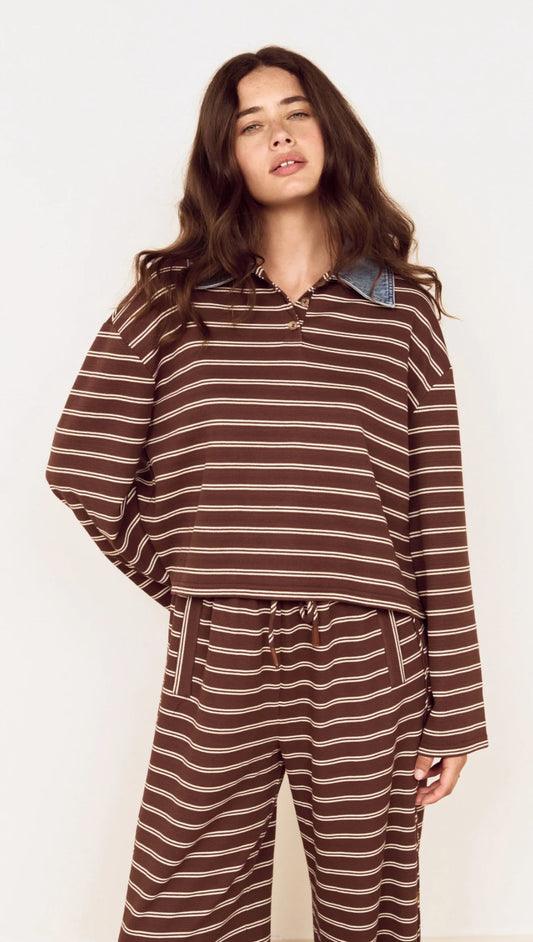 MINKPINK Vesper Polo Top - Chocolate Stripe