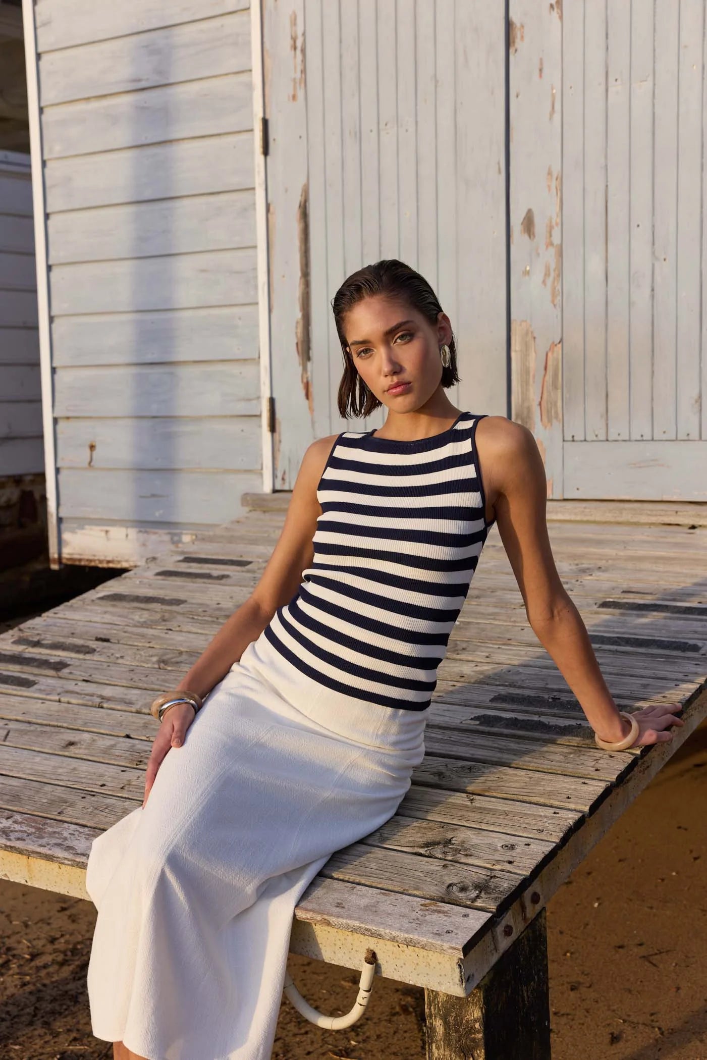 STAPLE THE LABEL Loren Stripe Knit Tank - Navy / White Stripe