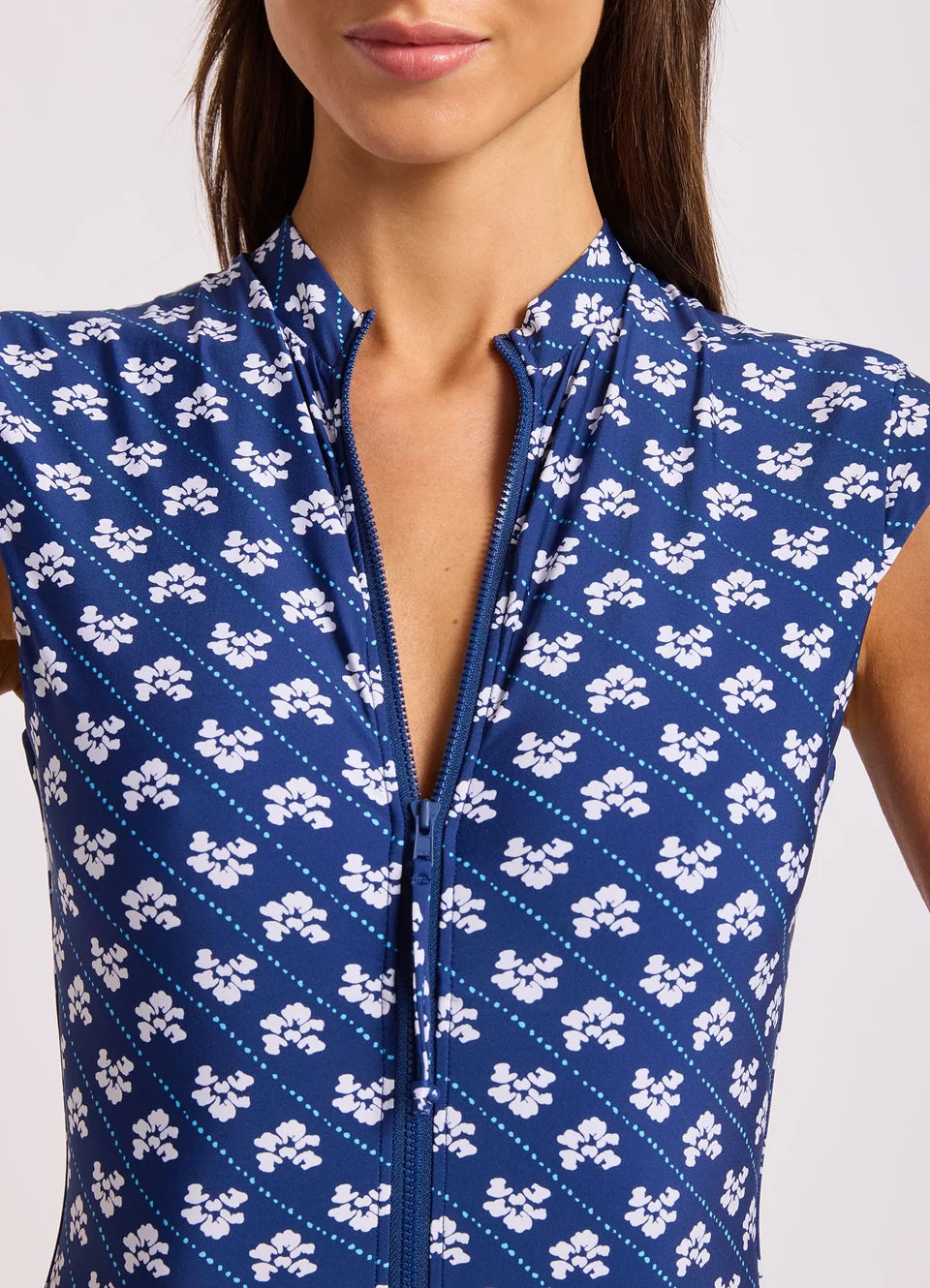 SEAFOLLY Batik Bloom Cap Sleeve Zip Front One Piece Swimsuit