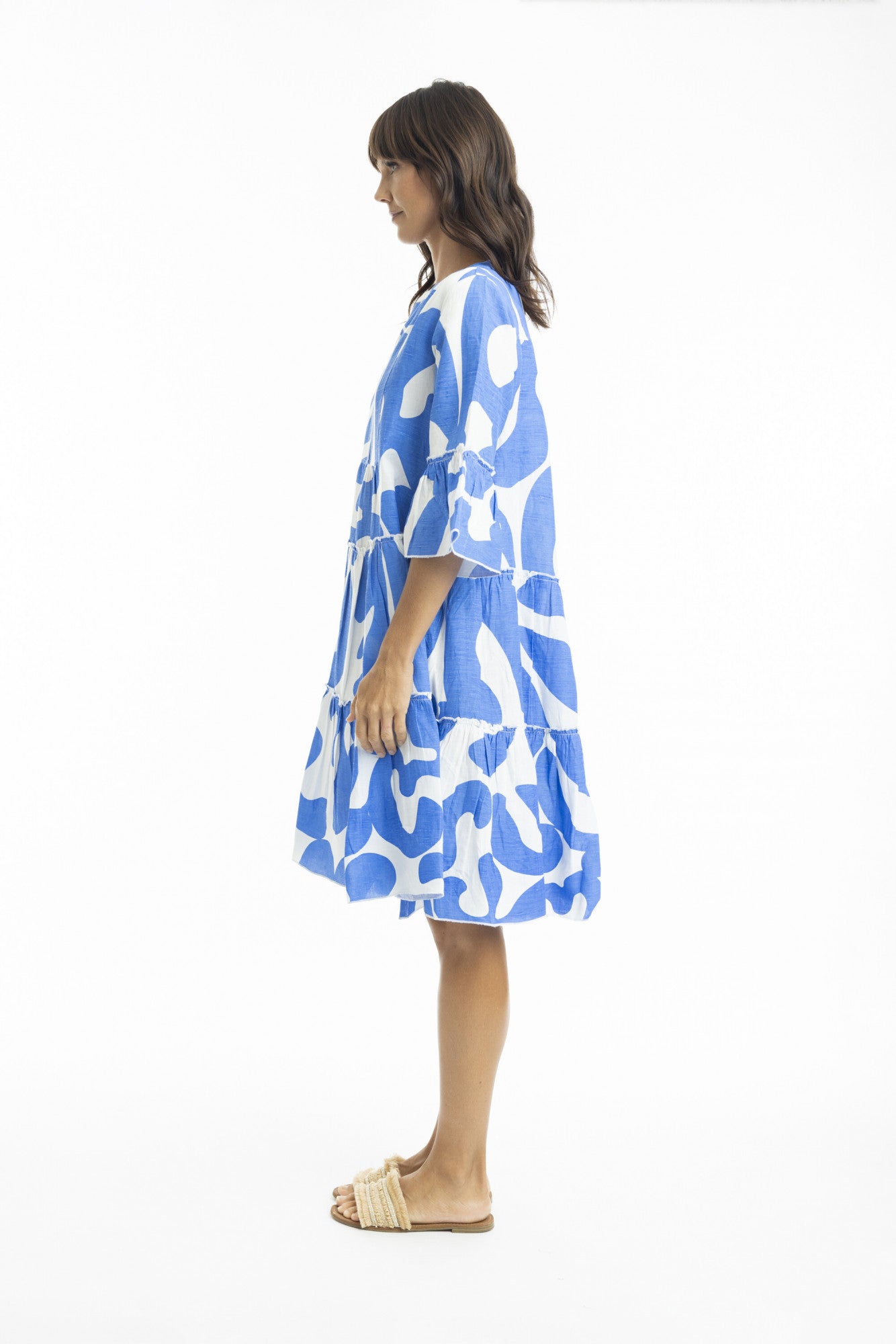 ORIENTIQUE Print Linen Layers Dress - Blue