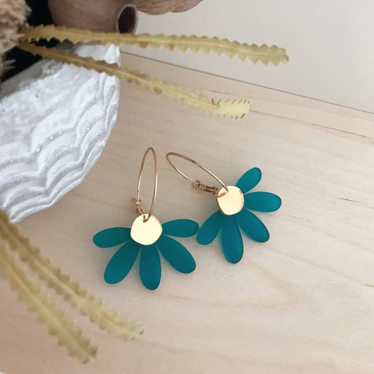 FOXIE COLECTIVE Jumbo Daisy Hoop Earrings - Frosted Teal & Gold
