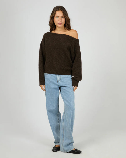 SILENT THEORY Off Shoulder Knit Jumper - Chocolate