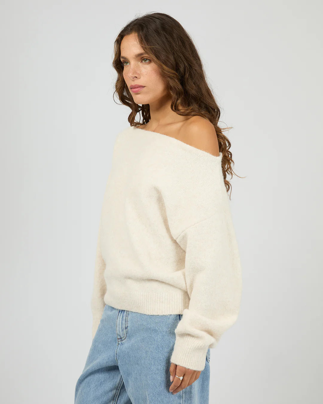 SILENT THEORY Off Shoulder Knit Jumper - Oat