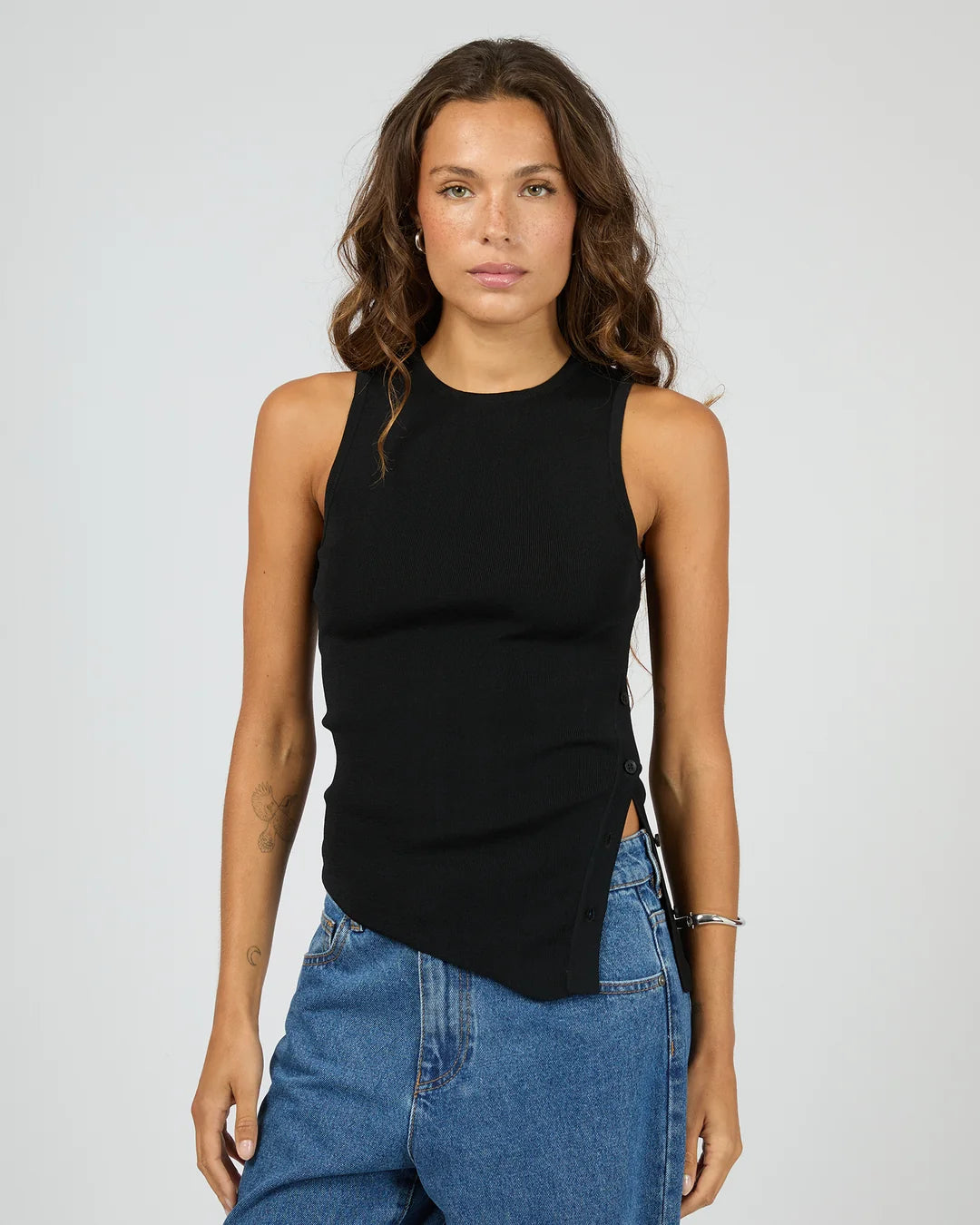 SILENT THEORY Ollie Button Down Knit Tank - Black