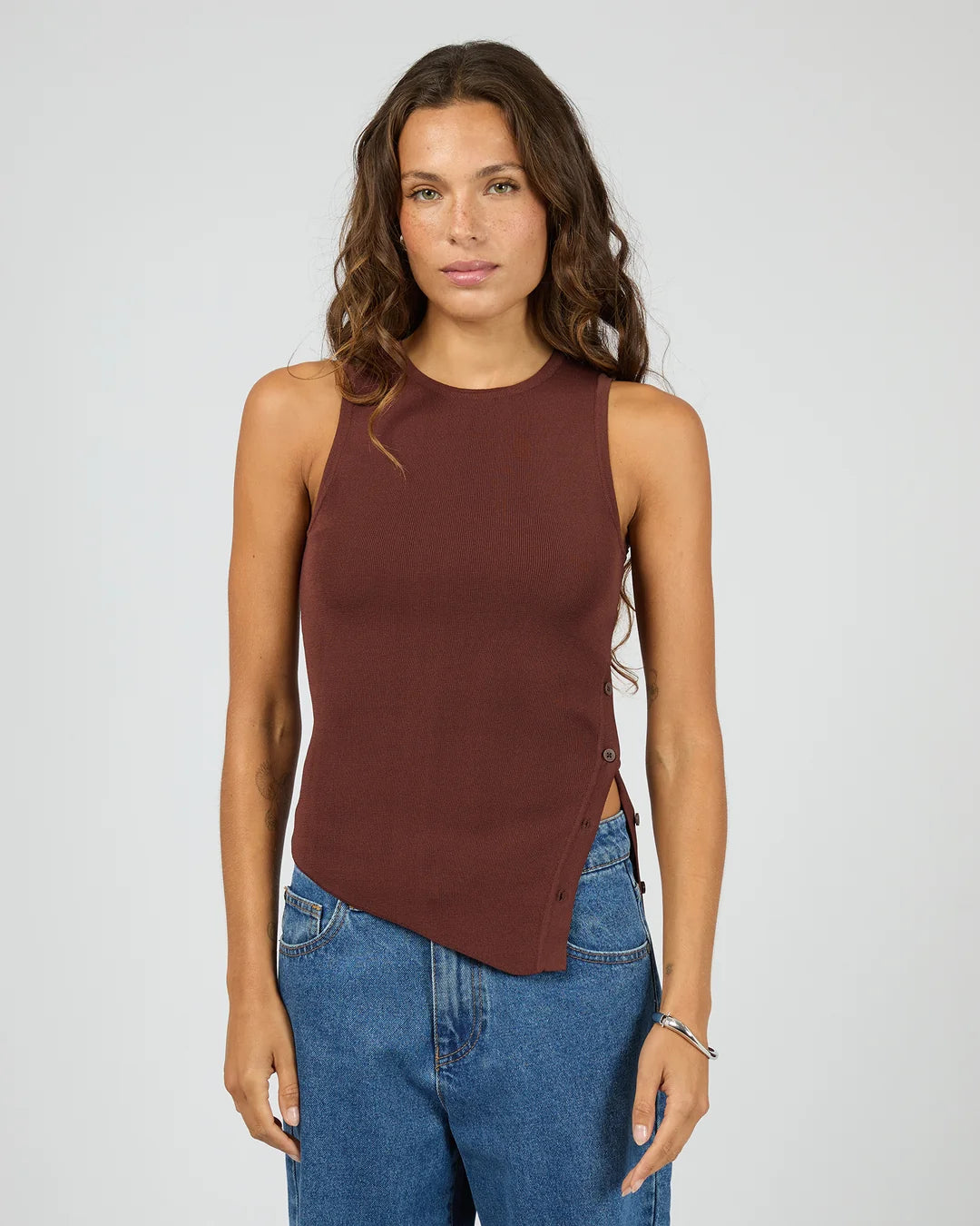 SILENT THEORY Ollie Button Down Knit Tank - Cherry