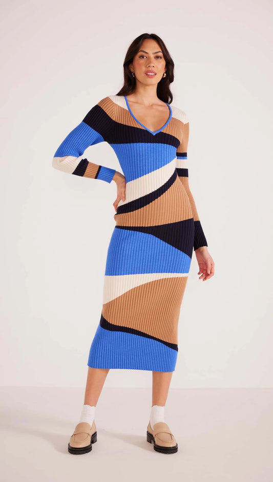 MINKPINK Edras Intarsia Knit Midi Dress - Brown / Blue Multi