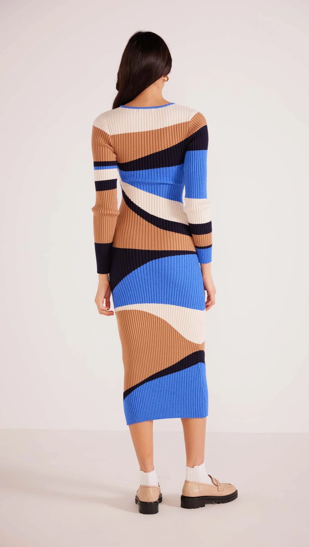 MINKPINK Edras Intarsia Knit Midi Dress - Brown / Blue Multi