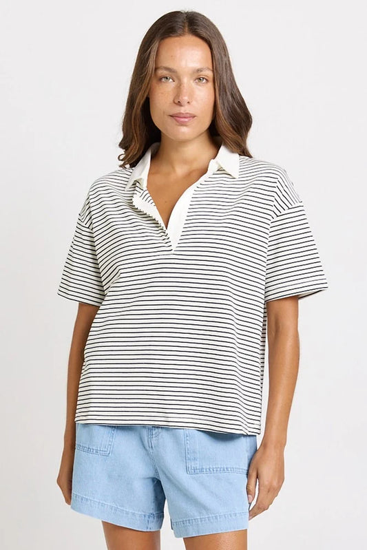 BETTY BASIC Freddy Cotton Polo Top - White/Navy Stripe